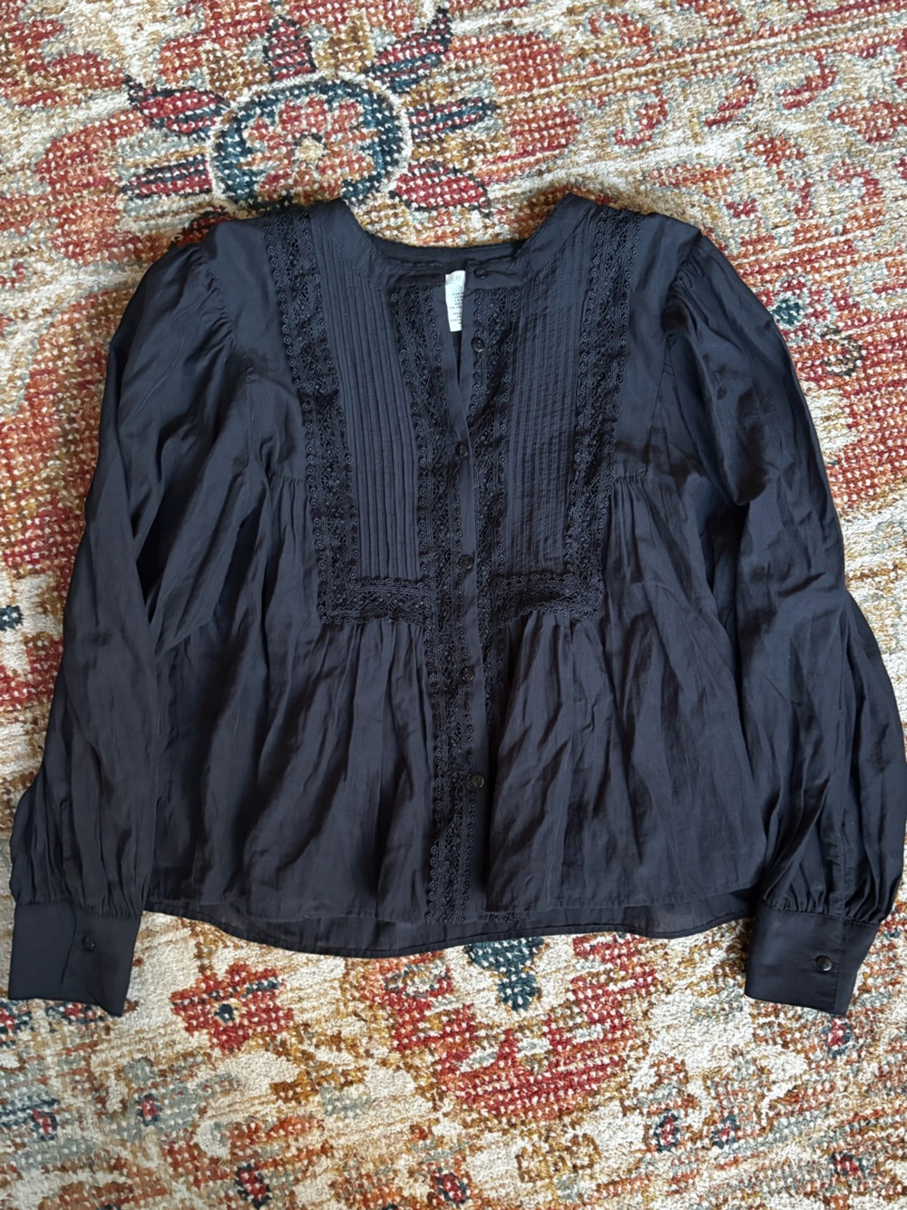 H&M Black Lace-Trim Peasant Blouse